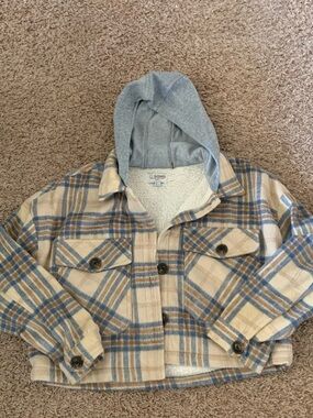 Ci Sono Beige & Blue Plaid Hooded Sherpa-Lined Jacket